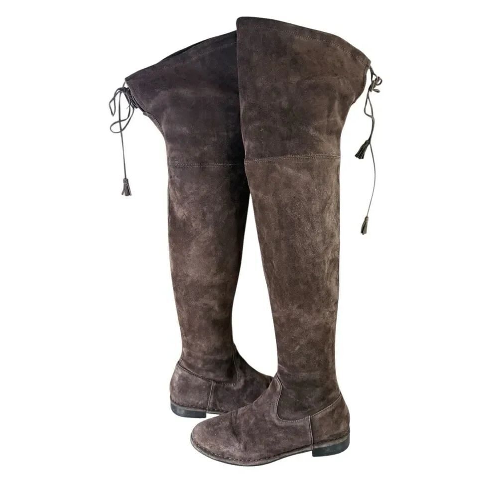 Frye Brown Suede Over-the-Knee Flat Boots with Tie Detail Size 7M